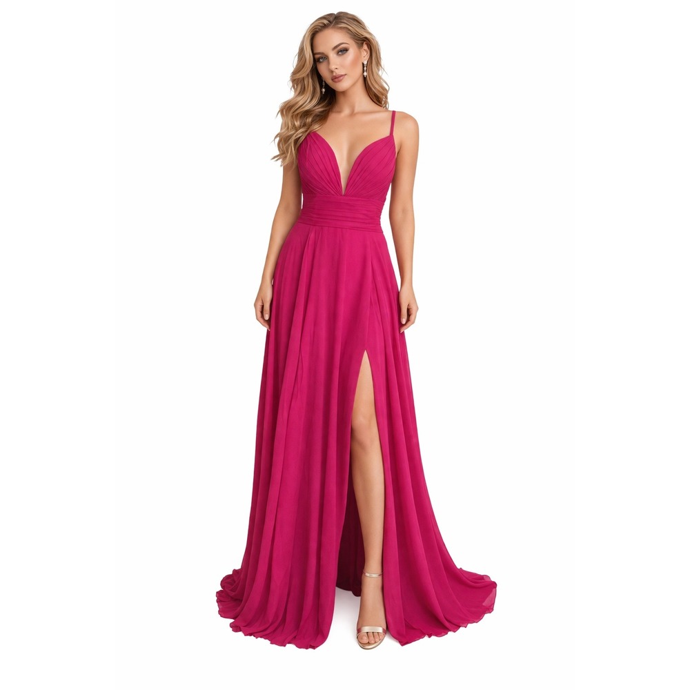 Hebeos Fuchsia Pink Chiffon Pleated V-Neck Formal Prom Gown Dress‎ Size M NEW